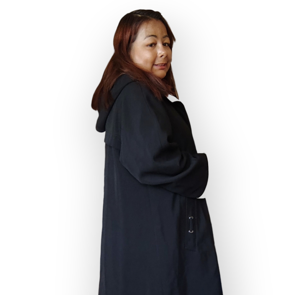 CONTEMPORAINE. Women's Black Trenchcoat With Beige Cuffs On Sleeve Size Large. - Picture 11 of 14